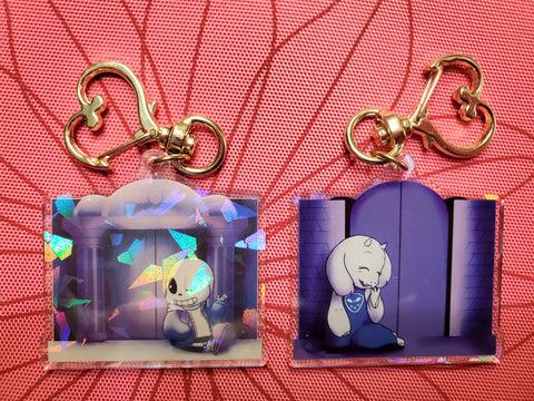 2" Double Sided Holographic Behind Closed Doors Sans + Toriel Undertale Keychain